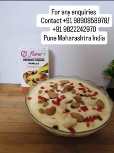 Creamy fruit custard made with Flora Vanilla Custard Powder